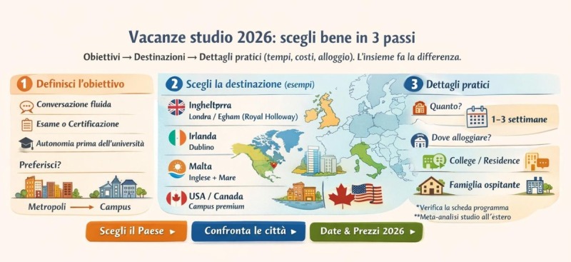 Infografica: guida in 3 passi per scegliere una vacanza studio 2026 — obiettivi, destinazioni (Londra/Egham, Dublino, Malta, USA/Canada), durate tipiche 1–3 settimane, alloggio college o famiglia; range UK 2 settimane €1.500–€3.500; motivi didattici dell’immersione.