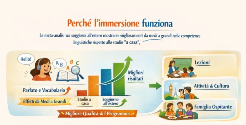 Infografica: perché l’immersione funziona — meta‑analisi mostrano effetti da medi a grandi rispetto allo studio “a casa”, con miglioramenti evidenti in parlato e vocabolario; i risultati crescono con programmi ben progettati (lezioni, contenuti, famiglia ospitante).