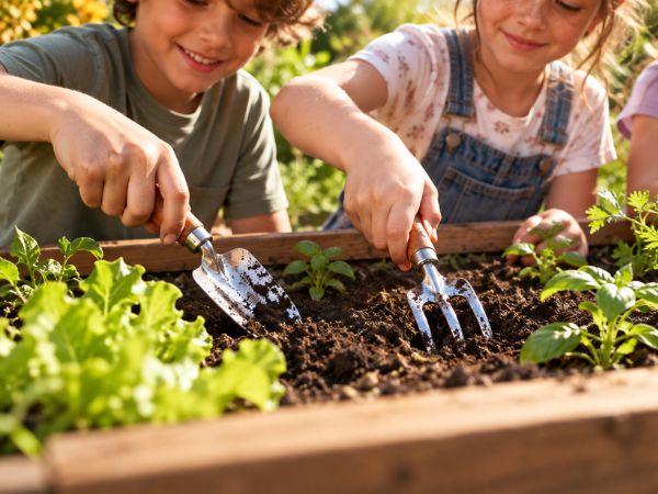 Bambini con rastrellino e palettina che scavano in un vaso
