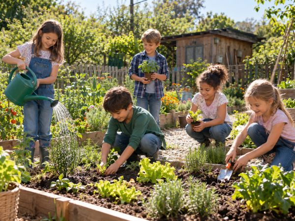 Bambini lavorano tutti insieme al loro orticello