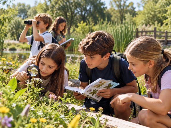 Bambini osservano la flora e la fauna locale durante il Wild Campus Bambini osservano la flora e la fauna locale durante il Wild Campus